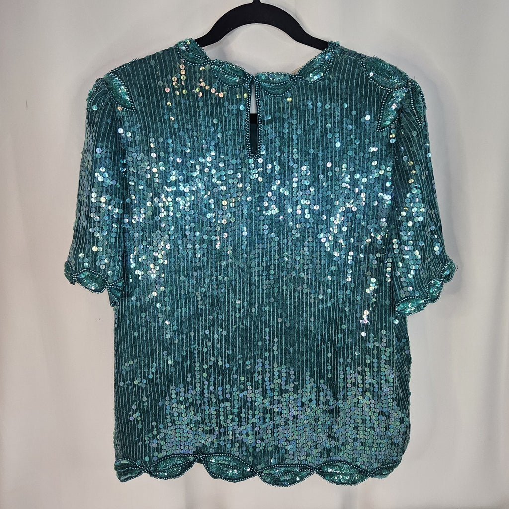 Sequin Beaded Silk Top 90s Vintage Teal Green Blouse Gatsby Glam Party Large