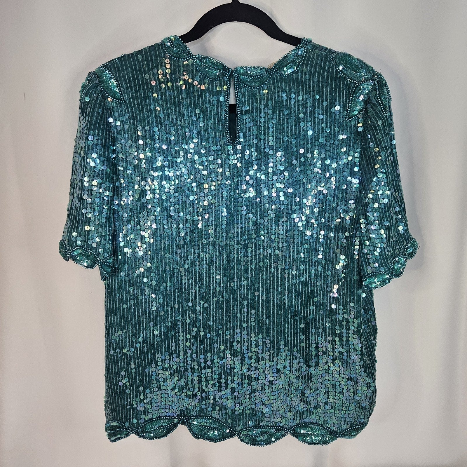 Sequin Beaded Silk Top 90s Vintage Teal Green Blouse Gatsby Glam Party Large