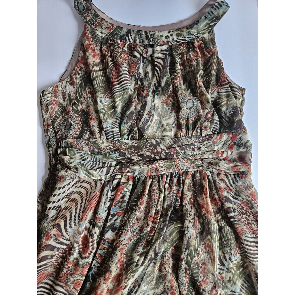Perceptions New York Green Brown Tan Sleeveless Long Ruched Waist Poly Dress 14