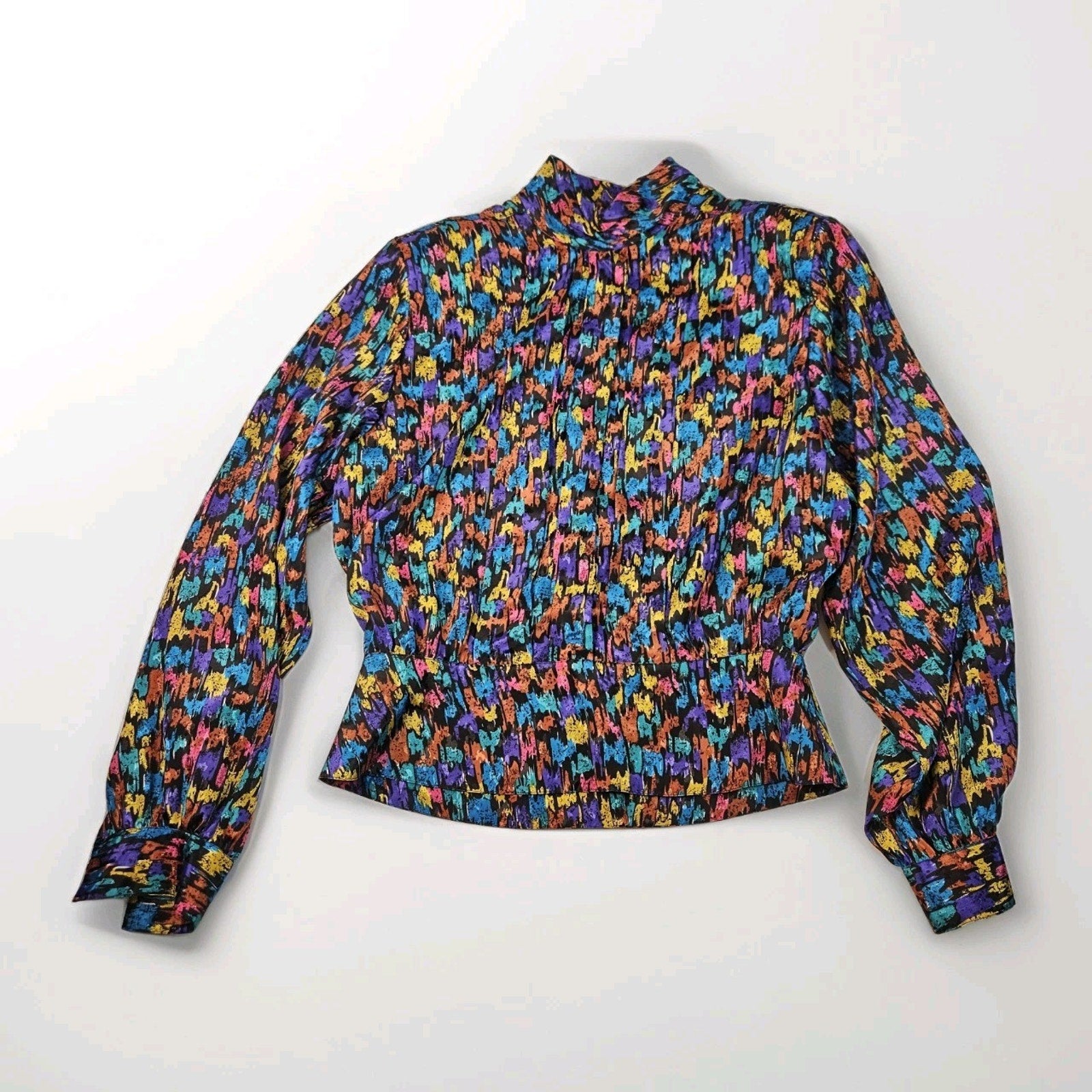 Vintage 80s Blouse Long Sleeve Colorful Geometric Pattern Button Size 12 Large