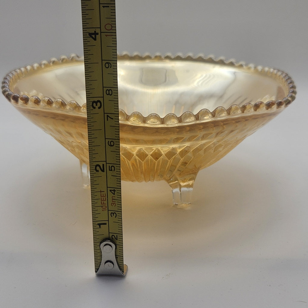 Vtg Carnival Glass Candy Dish Amber Three Footed Beaded Rim Diamond Pointed Ribs