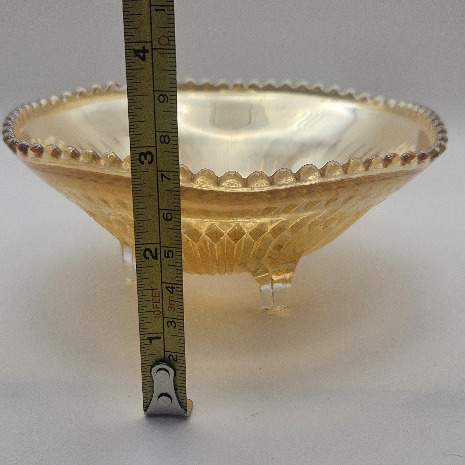 Vtg Carnival Glass Candy Dish Amber Three Footed Beaded Rim Diamond Pointed Ribs