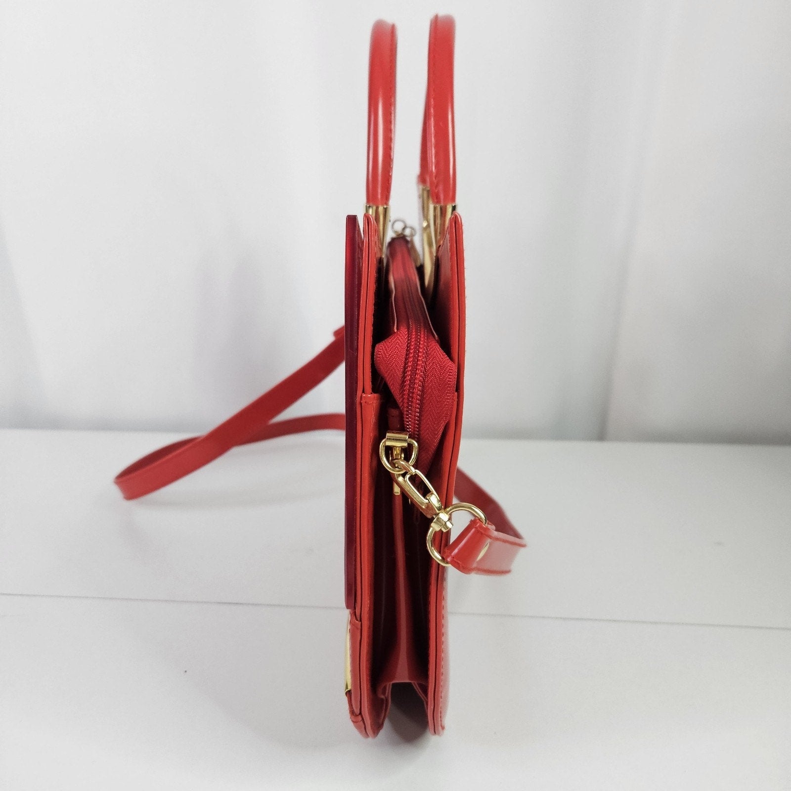 Retro Inspired Glossy Statement Handbag Red Gold Accents Acrylic Shoulder Purse