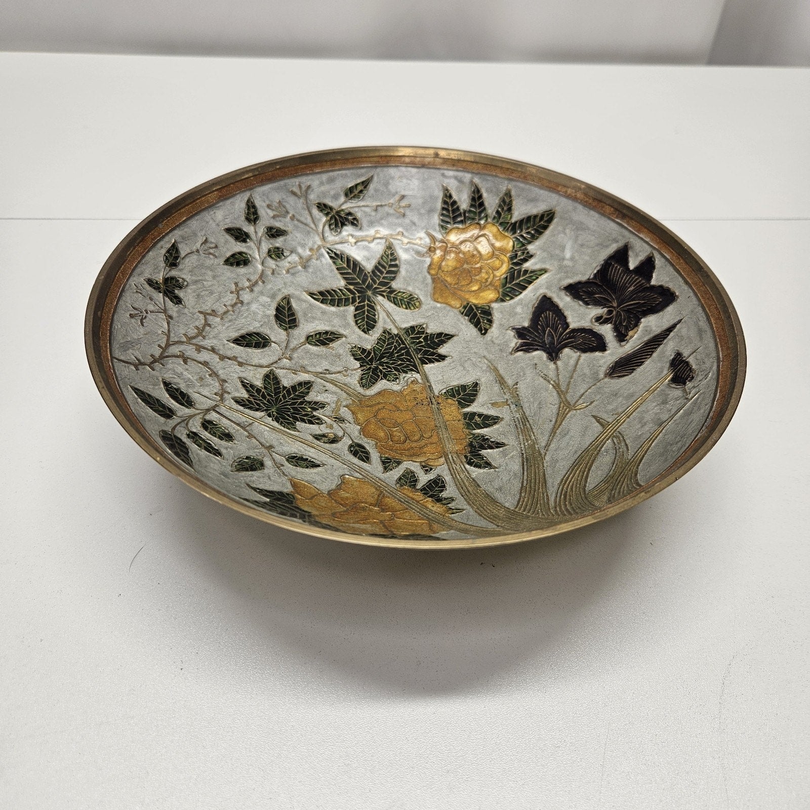 Vintage Brass Closionne Enamel Pedestal 9.5 Decorative Bowl India Floral