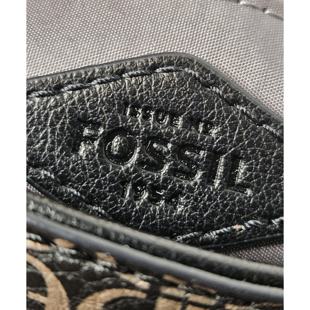 Fossil Black & Logo Pattern Crossbody Bag With Gold Hardware And Adjustable Stra
