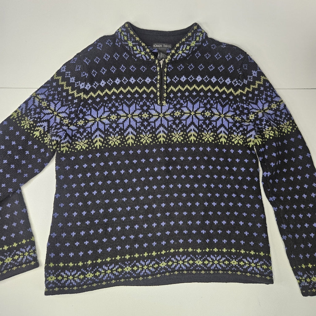 Vtg Nomadic Traders Blue Fair Isle Quarter Zip Ski Sweater Med Holiday Unisex