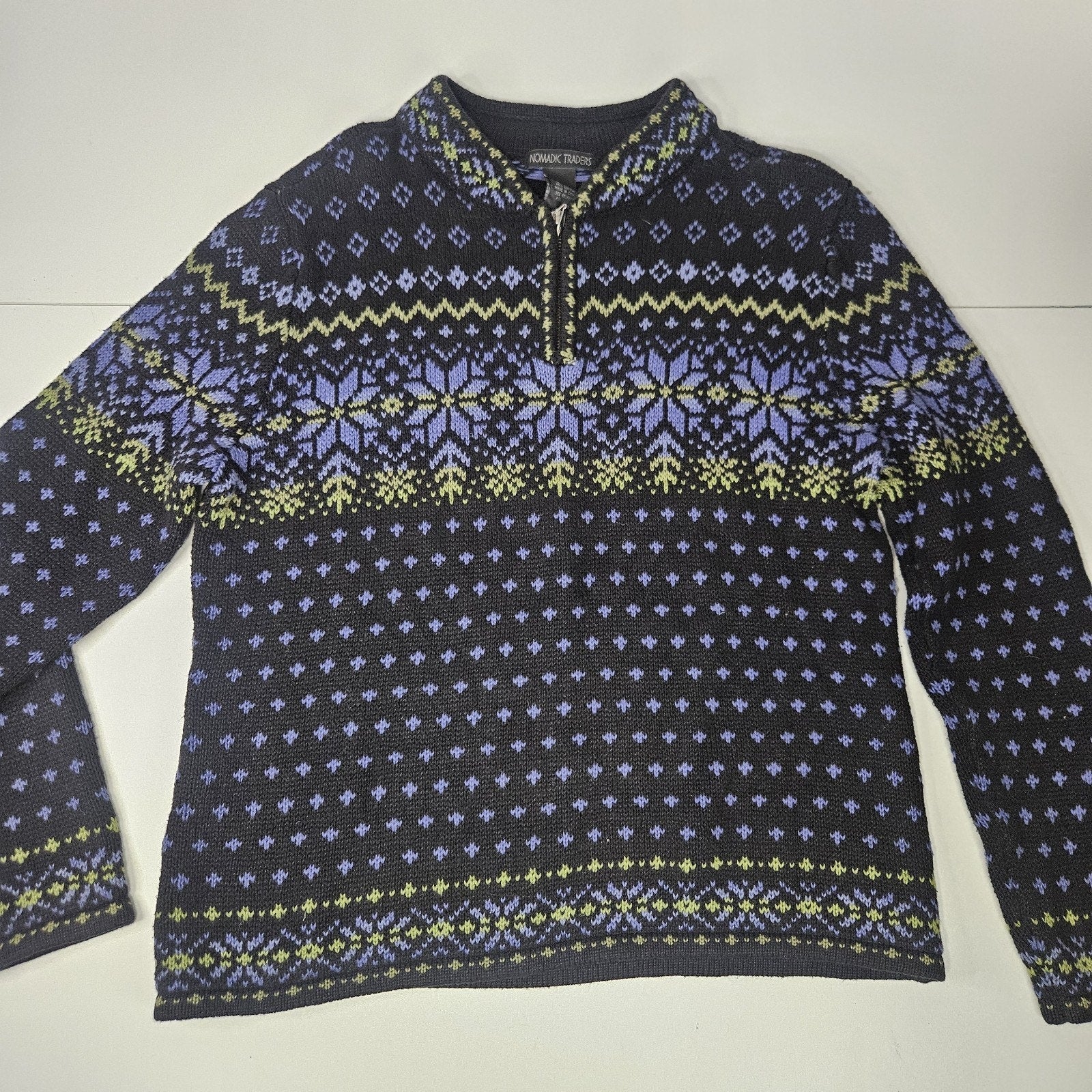 Vtg Nomadic Traders Blue Fair Isle Quarter Zip Ski Sweater Med Holiday Unisex