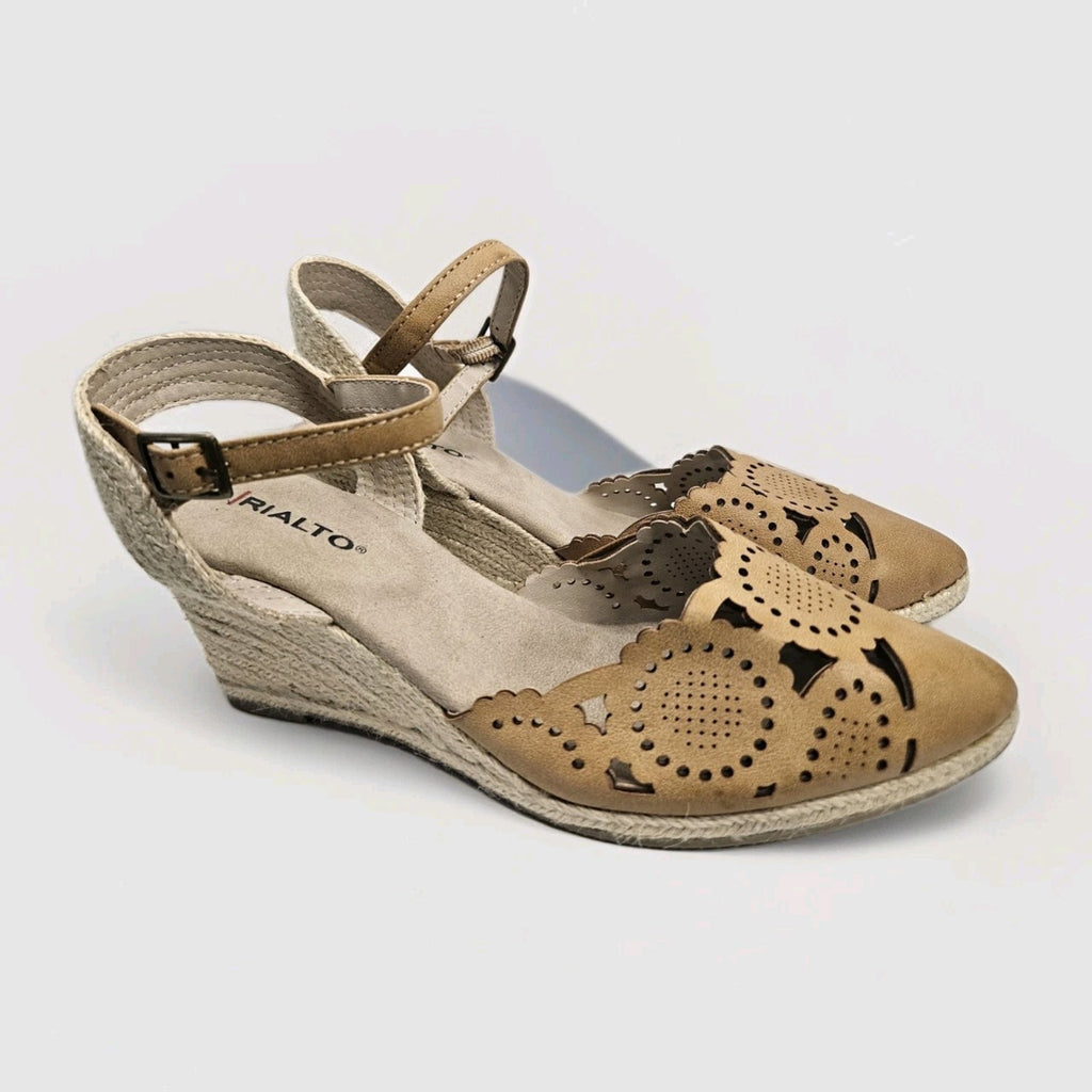 Rialto Coya Womens Sandal 8.5 Tan Leather Ankle Strap Espadrille Wedge Shoes