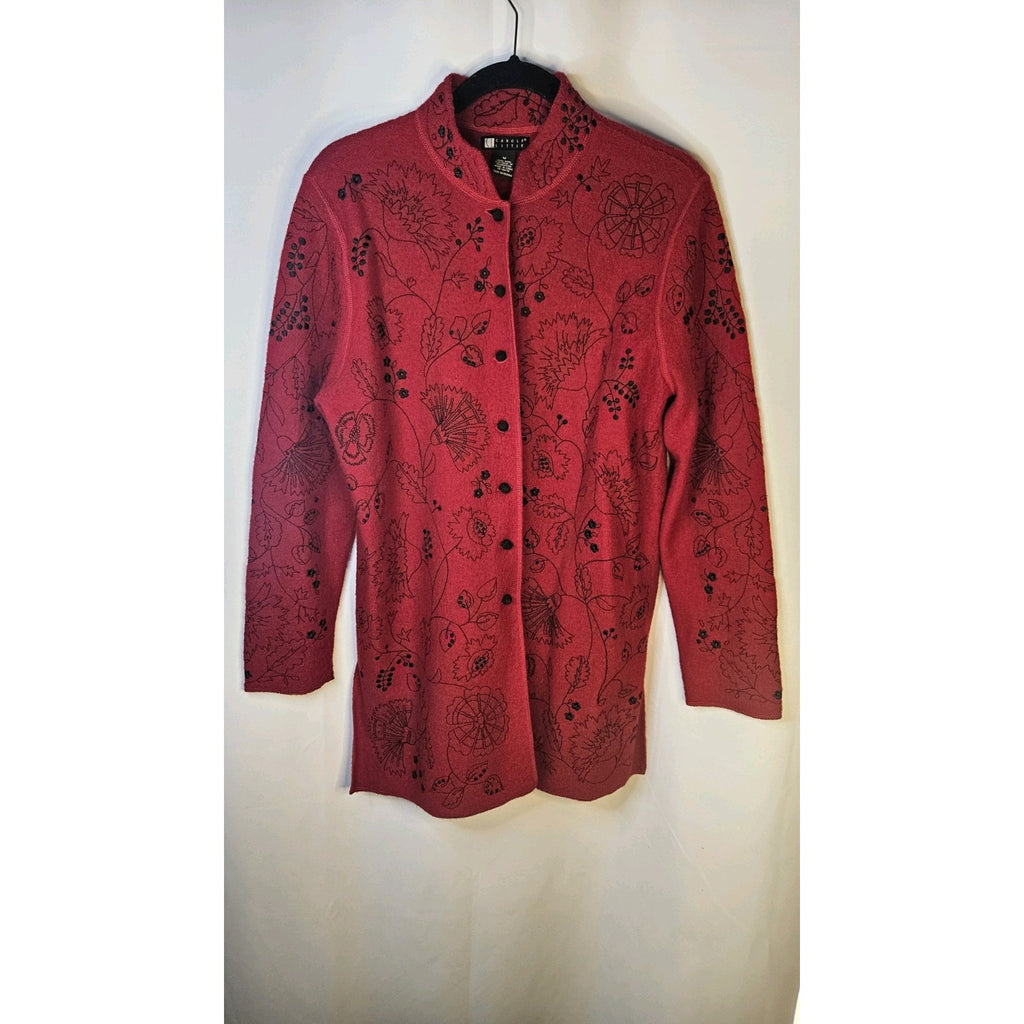 Carole Little Women’s 100% Wool Red Black Color Long Sleeve Cardigan Size Medium