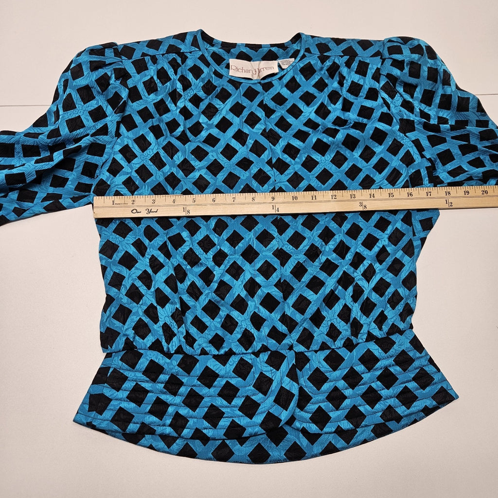 NWT Vtg 80s 100% Silk Jacquard Puff Sleeve Check Top w Scarf Blue Black Sz 10