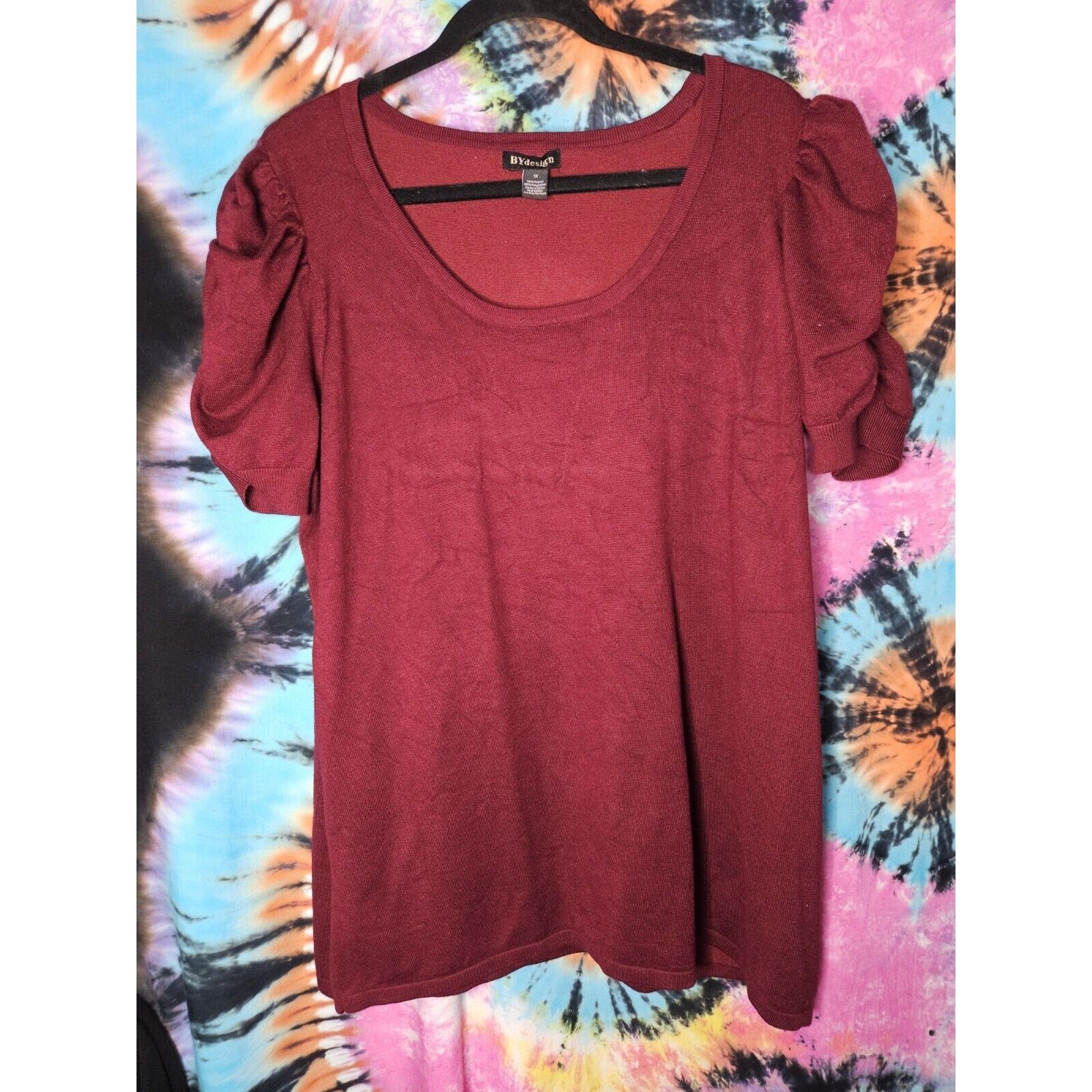 BYdesign Puff Sleeve Tunic Top Size 1X Burgundy Rayon Long Shirt