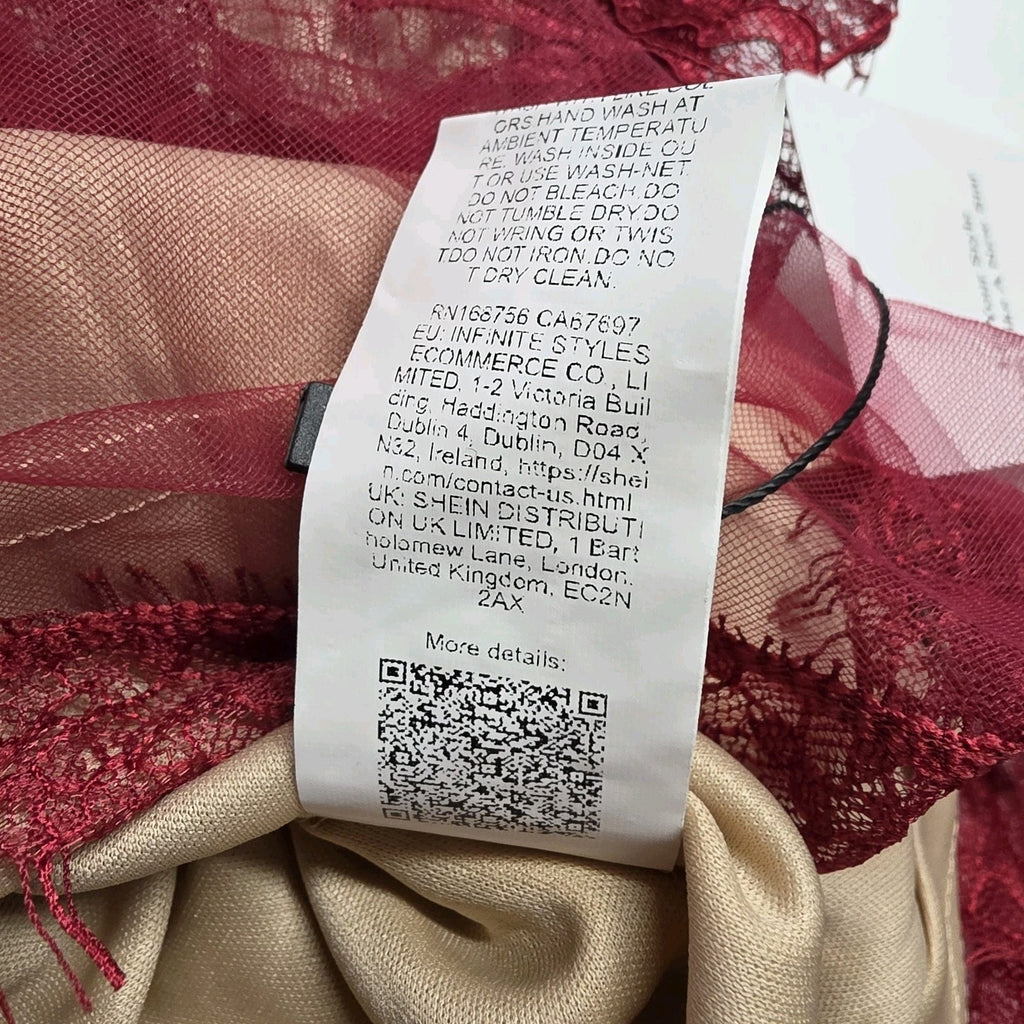 Sheer Mesh Contrast Lace Hollow Embroidered Mesh Waist-Cinched Maxi Large Red Dress