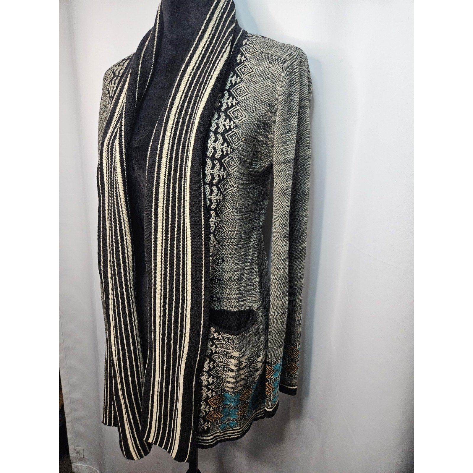 Twelfth Street Cynthia Vincent Grey Southwestern Open Knit Cardigan Small