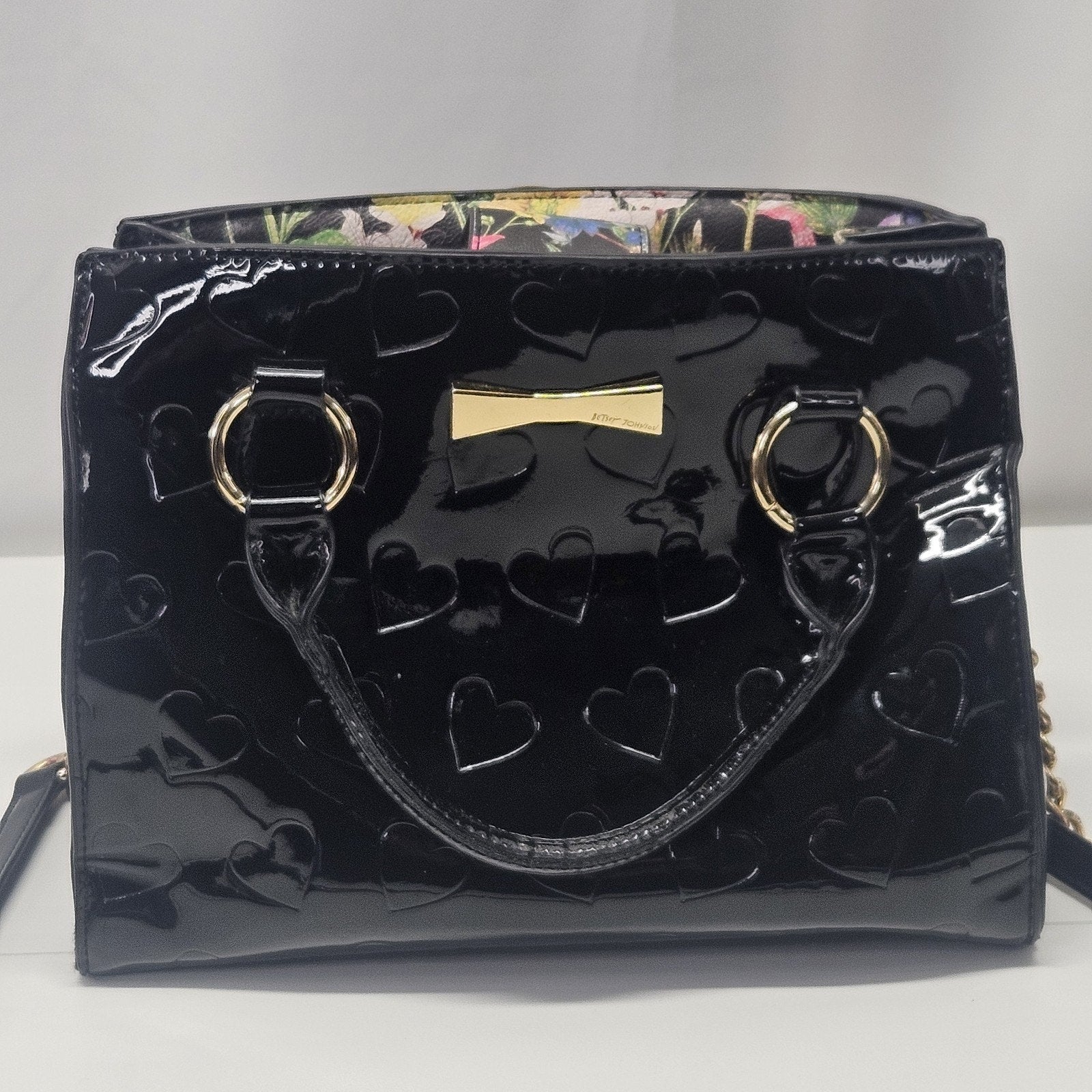 BETSEY Johnson Black Patent Hearts Satchel Tote Logo Glam Crossbody Purse