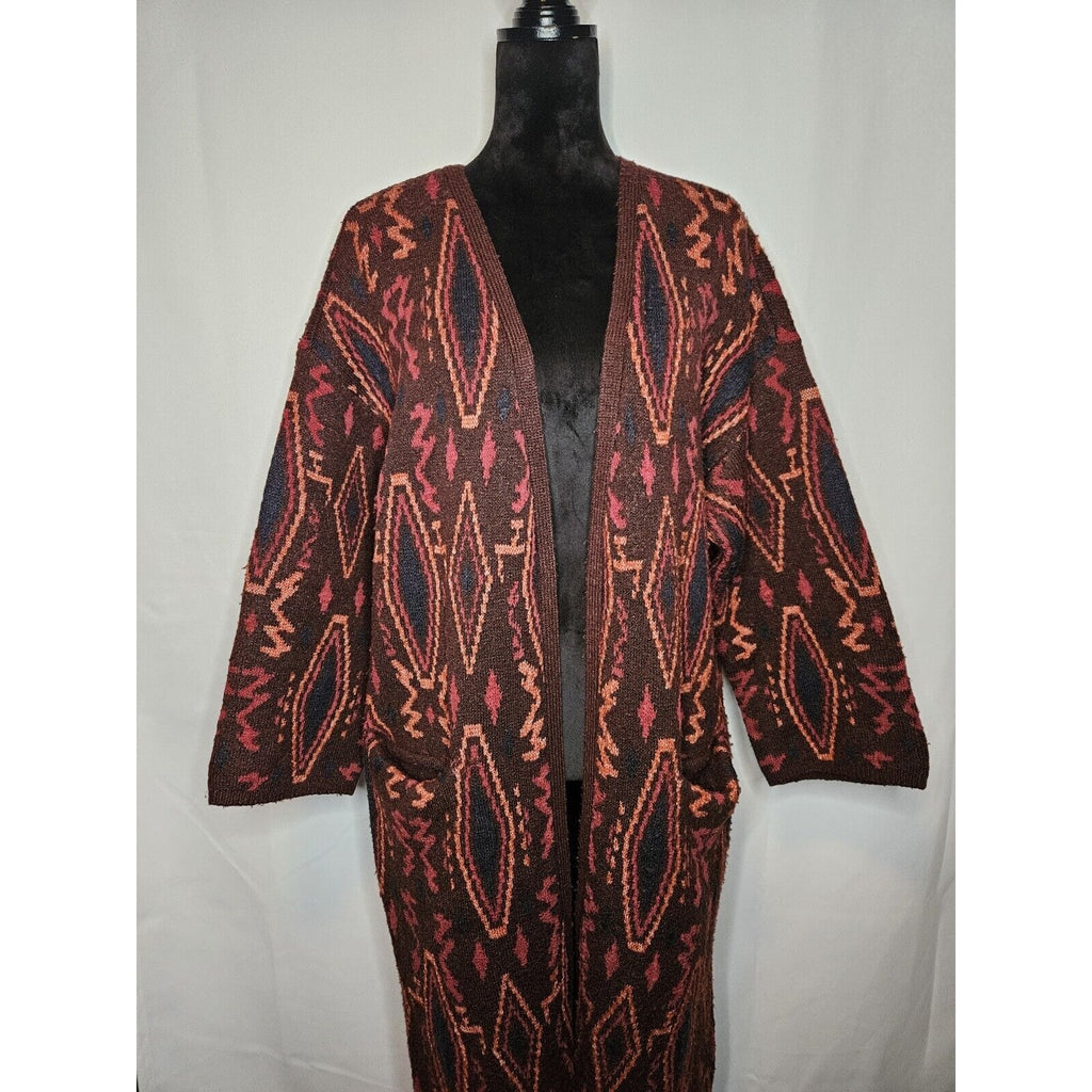 Willow & Clay Jacquard Long Cardigan Burgundy Aztec Southwestern Tribal Sweater