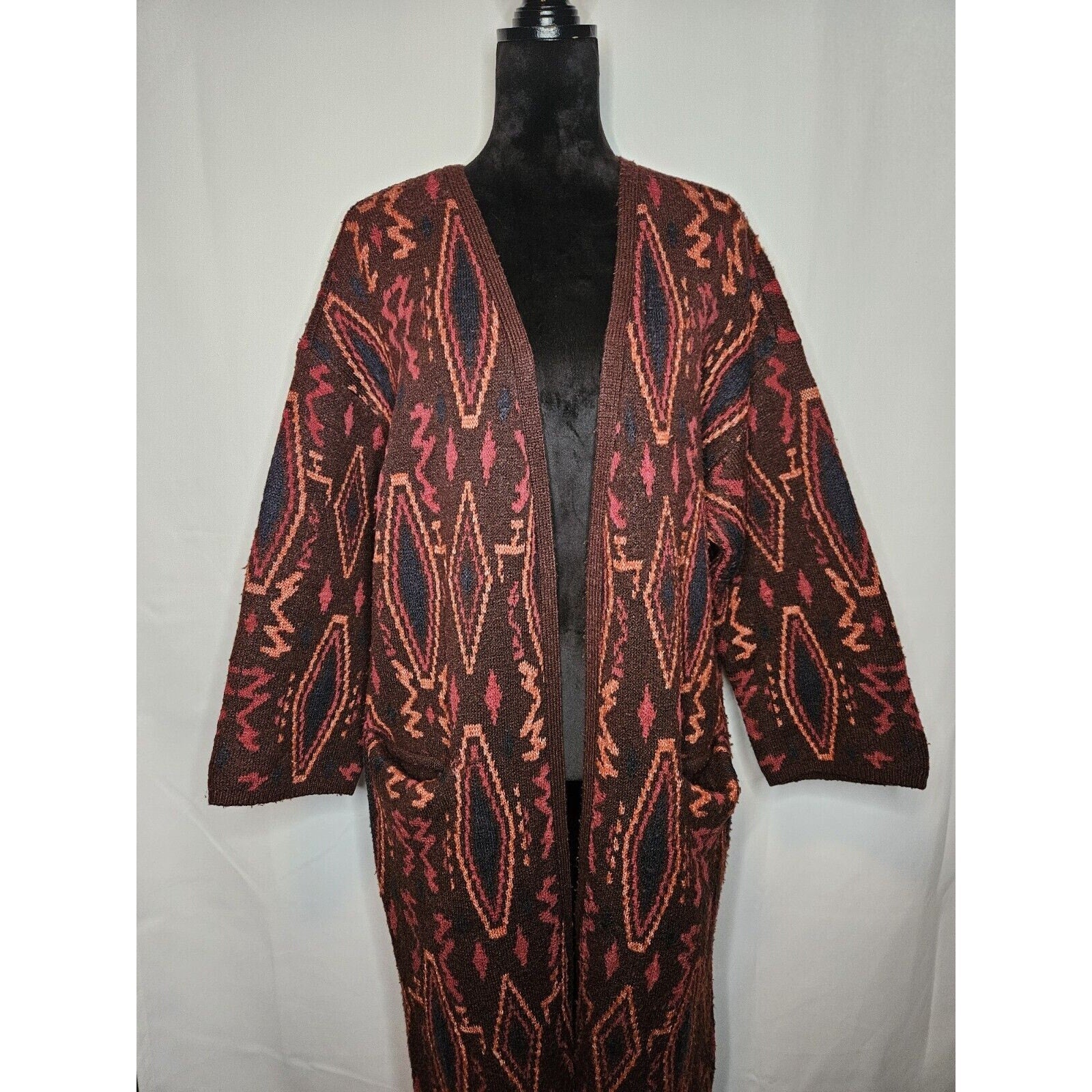 Willow & Clay Jacquard Long Cardigan Burgundy Aztec Southwestern Tribal Sweater