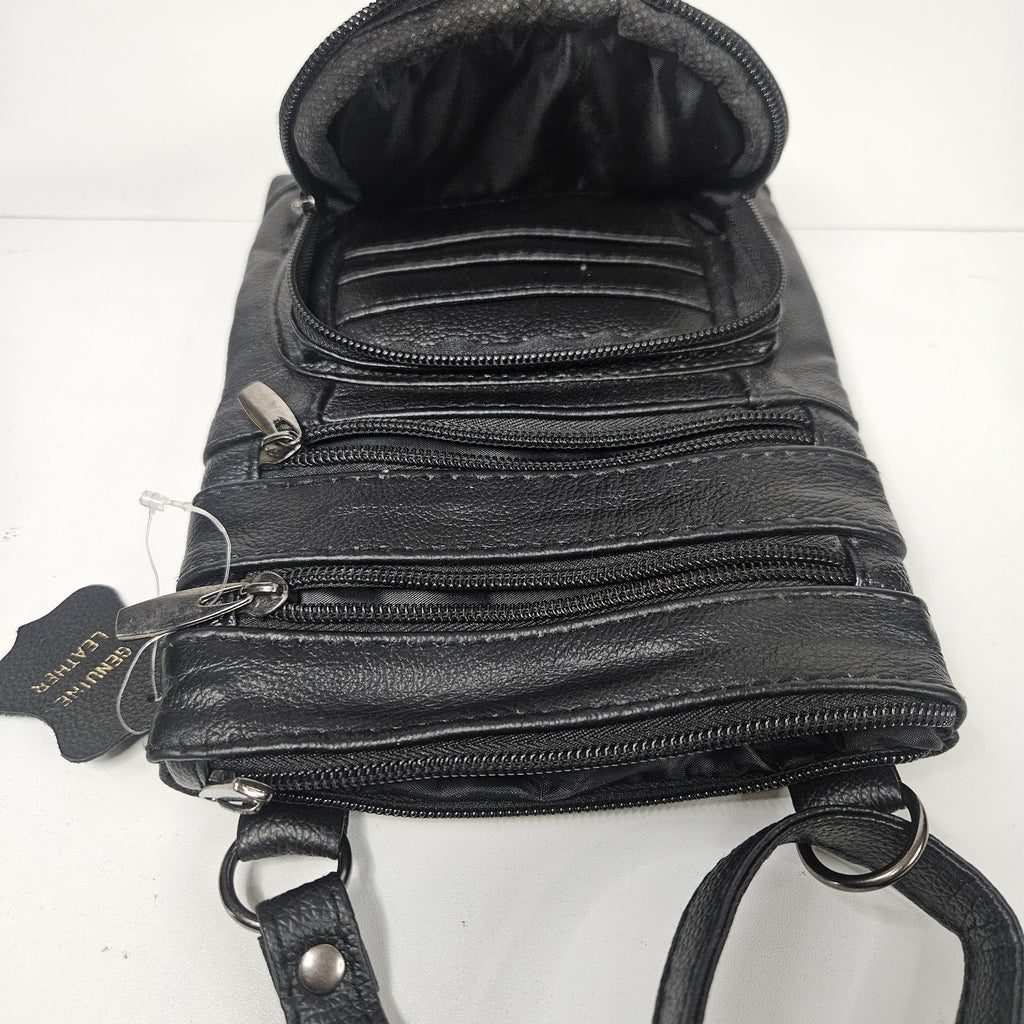 Vtg Genuine Leather Small Crossbody Multi-Compartment Organizer Bag Black 8x6"