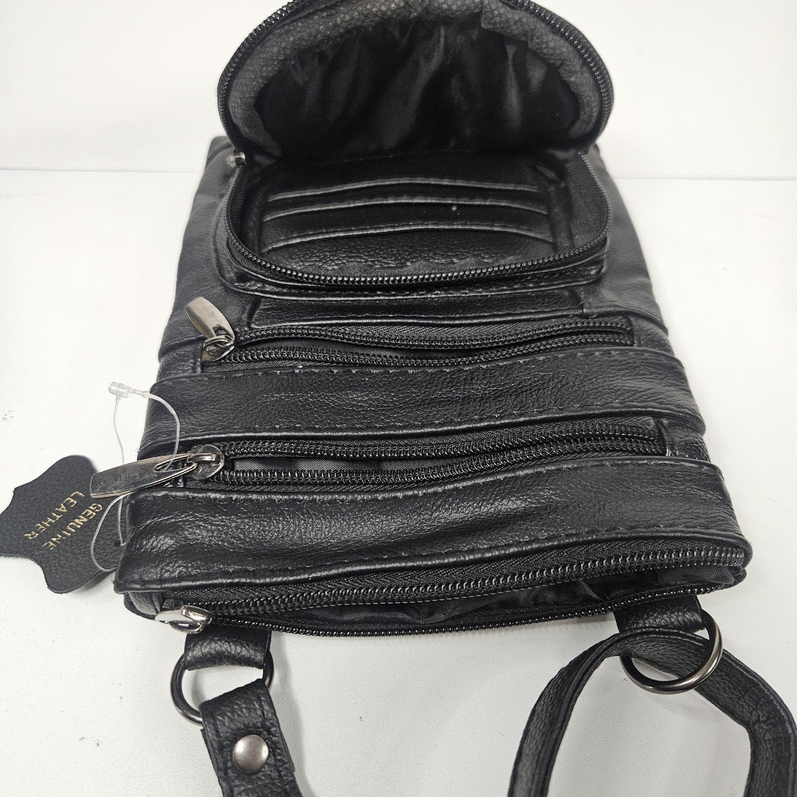 Vtg Genuine Leather Small Crossbody Multi-Compartment Organizer Bag Black 8x6"