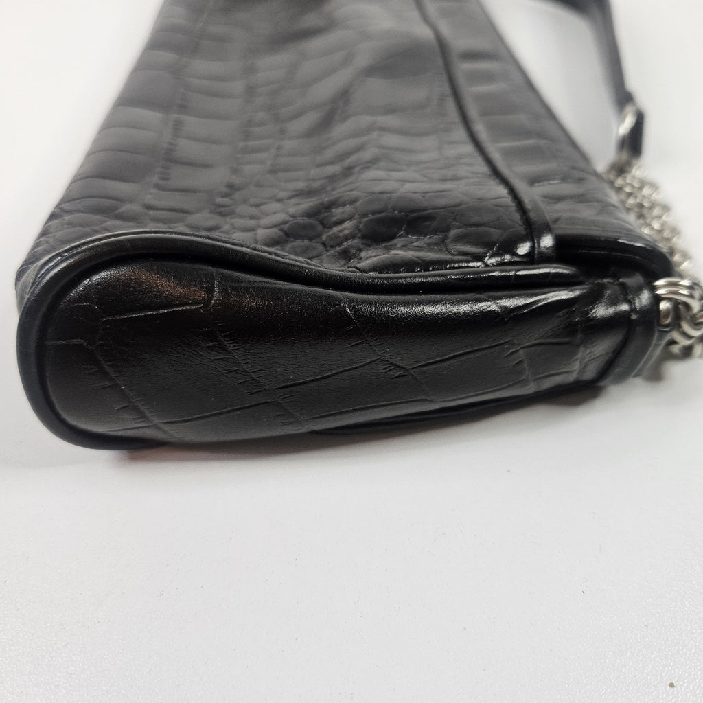 Anne Klein Black Faux Croco Embossed Leather Flap Chain Strap Purse Shoulder Bag