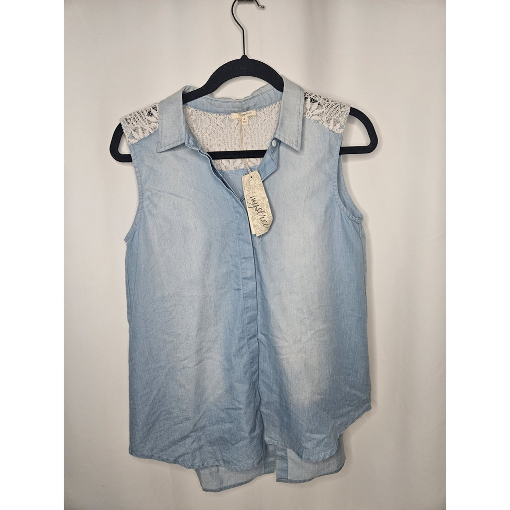 Mystree Chambray & Lace Button Up Shirt Size Small Boho Flowy Coastal NWT