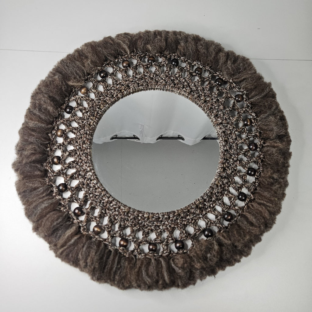 Vintage Large Macrame Wood Beaded Hanging Mirror 22" Boho Chic 70s Inspired