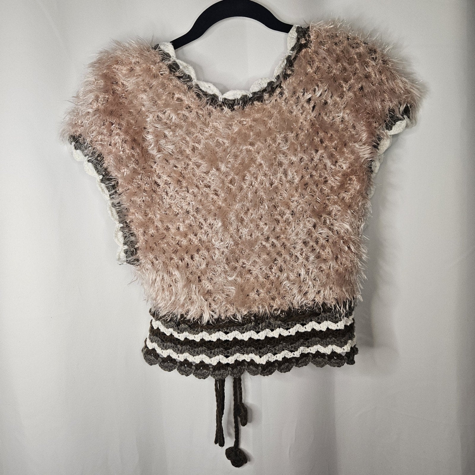 LULUMARI Fluffy Crochet Vest with Floral Pattern Size Medium Boho Festival