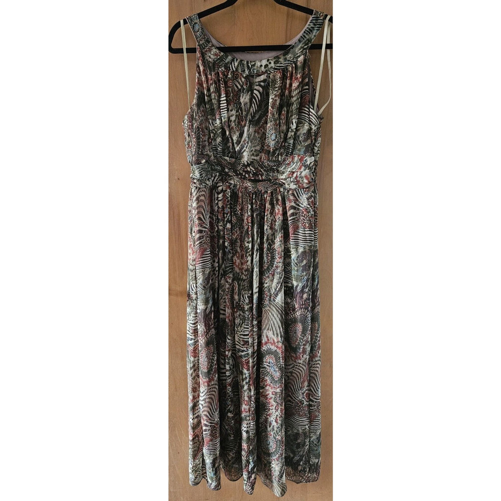 Perceptions New York Green Brown Tan Sleeveless Long Ruched Waist Poly Dress 14