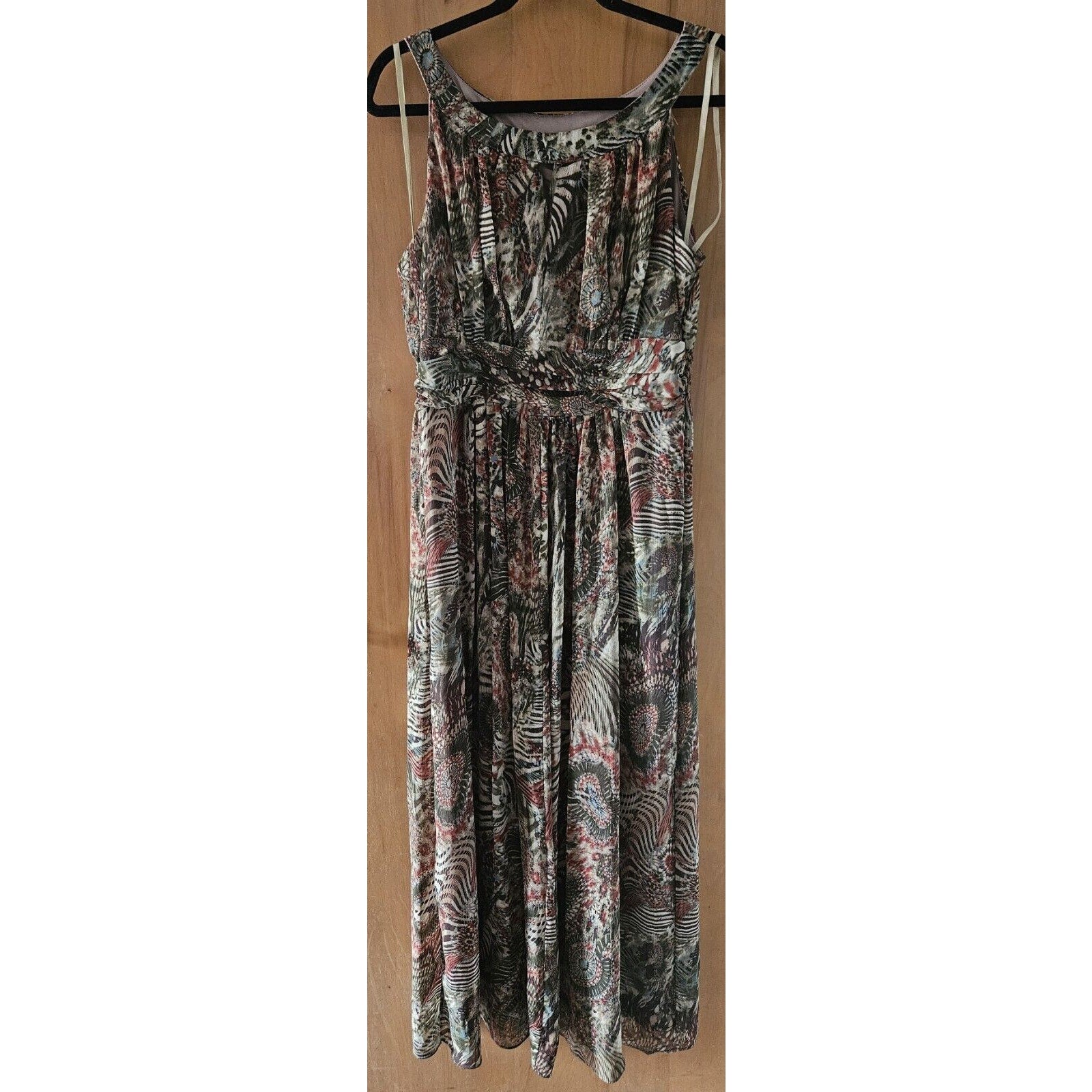 Perceptions New York Green Brown Tan Sleeveless Long Ruched Waist Poly Dress 14