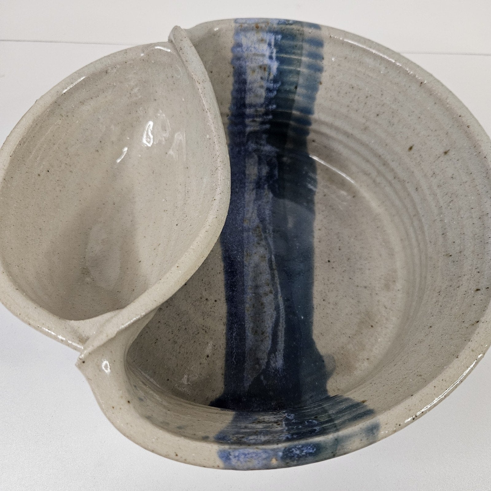 Vtg Handmade Studio Pottery Serving Bowl Rustic Primitive Dip Bowl Blue Brown
