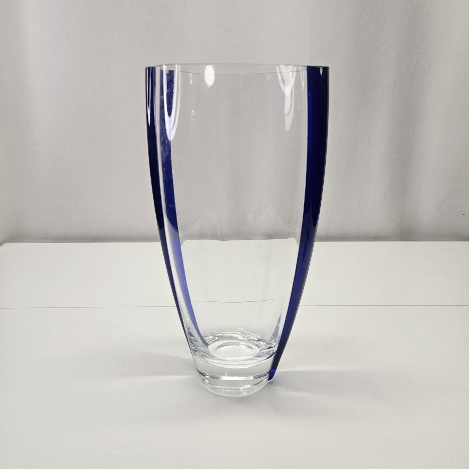Vtg Glass Art Vase Flower Vase 12” Clear Cobalt Blue Stripe Heavy Crystal