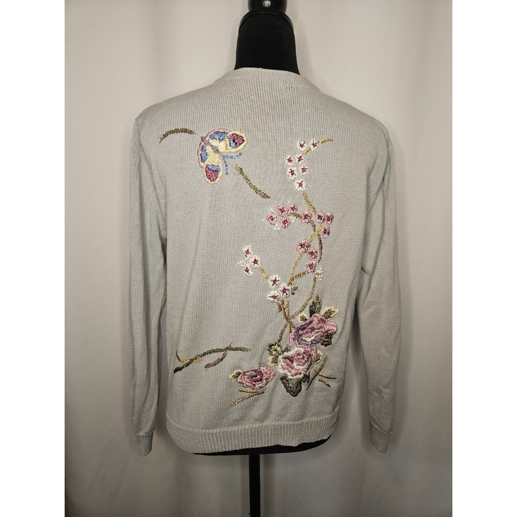 Vtg Heirloom Collectibles Embroidered Floral Cardigan Sweater Medium Cottage