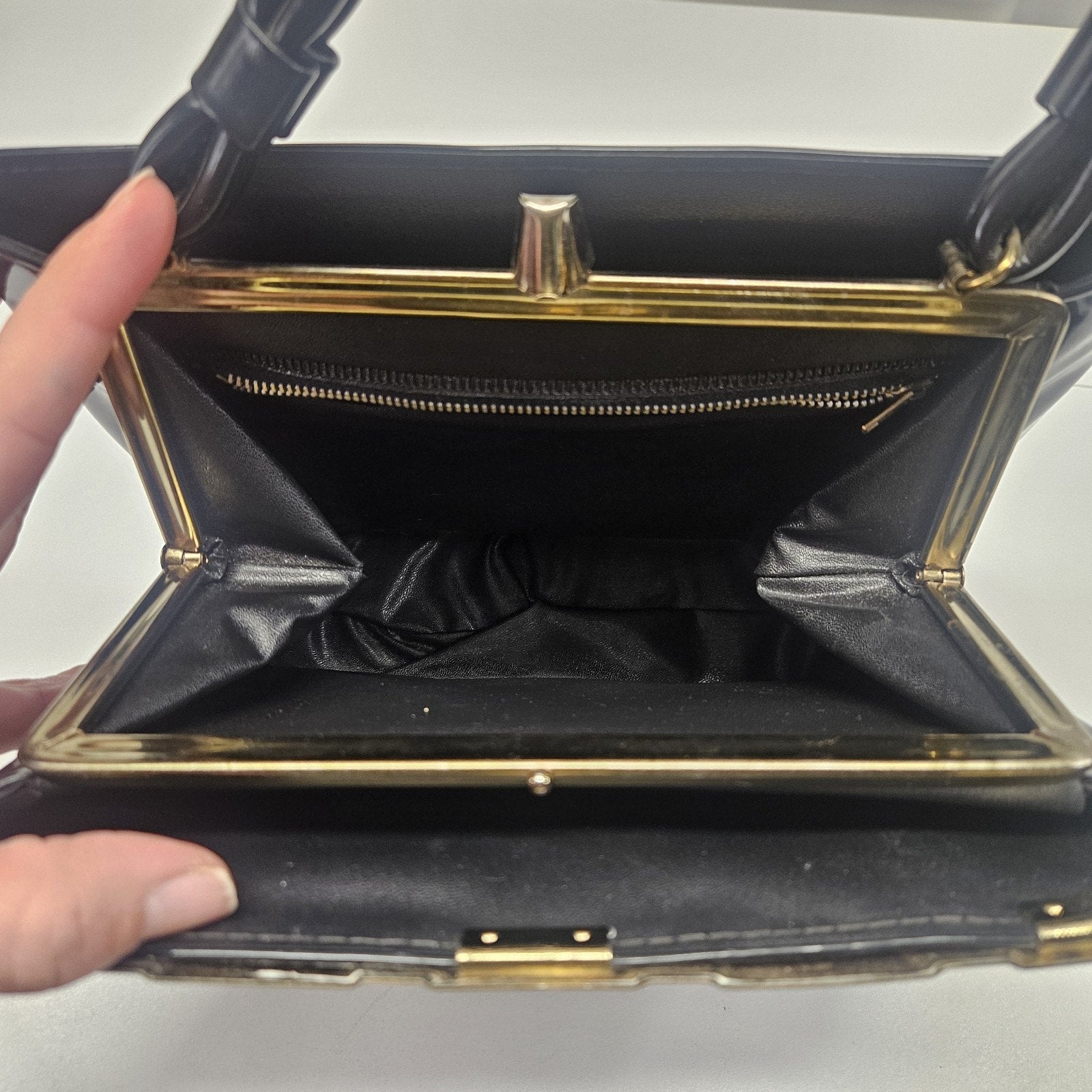 Vtg 1960s MCM Cara Shiny Black Patent Leather Bag Gold & Silver Trim Top Handles