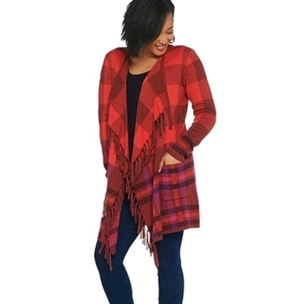 Isaac Mizrahi Red Multi Plaid Fringe Trim Open Front Cardigan Sweater Small