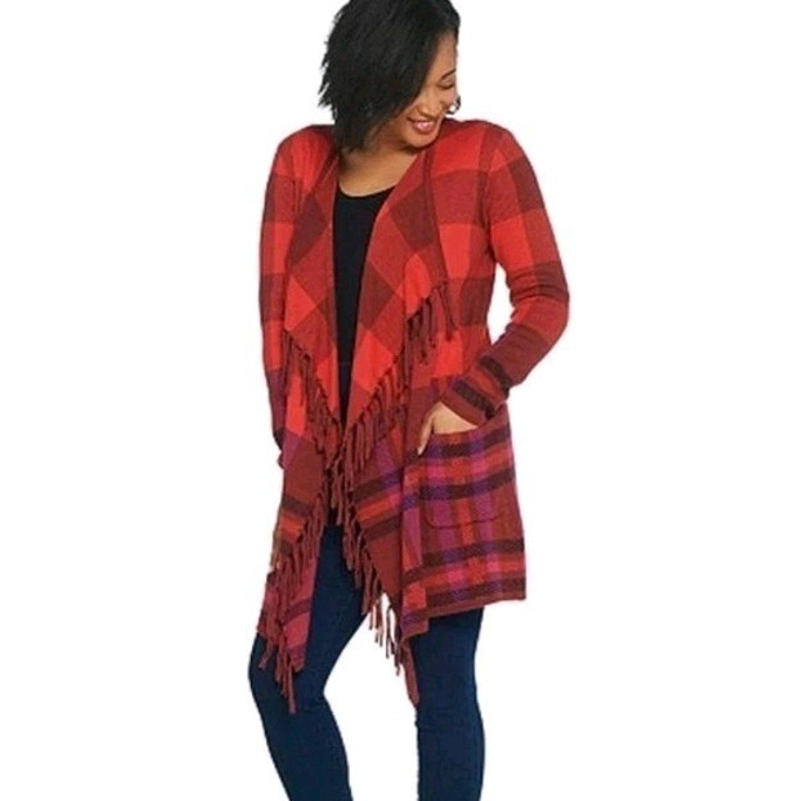 Isaac Mizrahi Red Multi Plaid Fringe Trim Open Front Cardigan Sweater Small