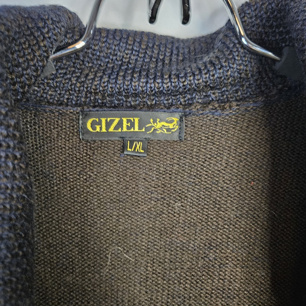 Woman’s Gizel Blue & Brown Block Design Sweater Jacket Acrylic Wool Blend L/XL