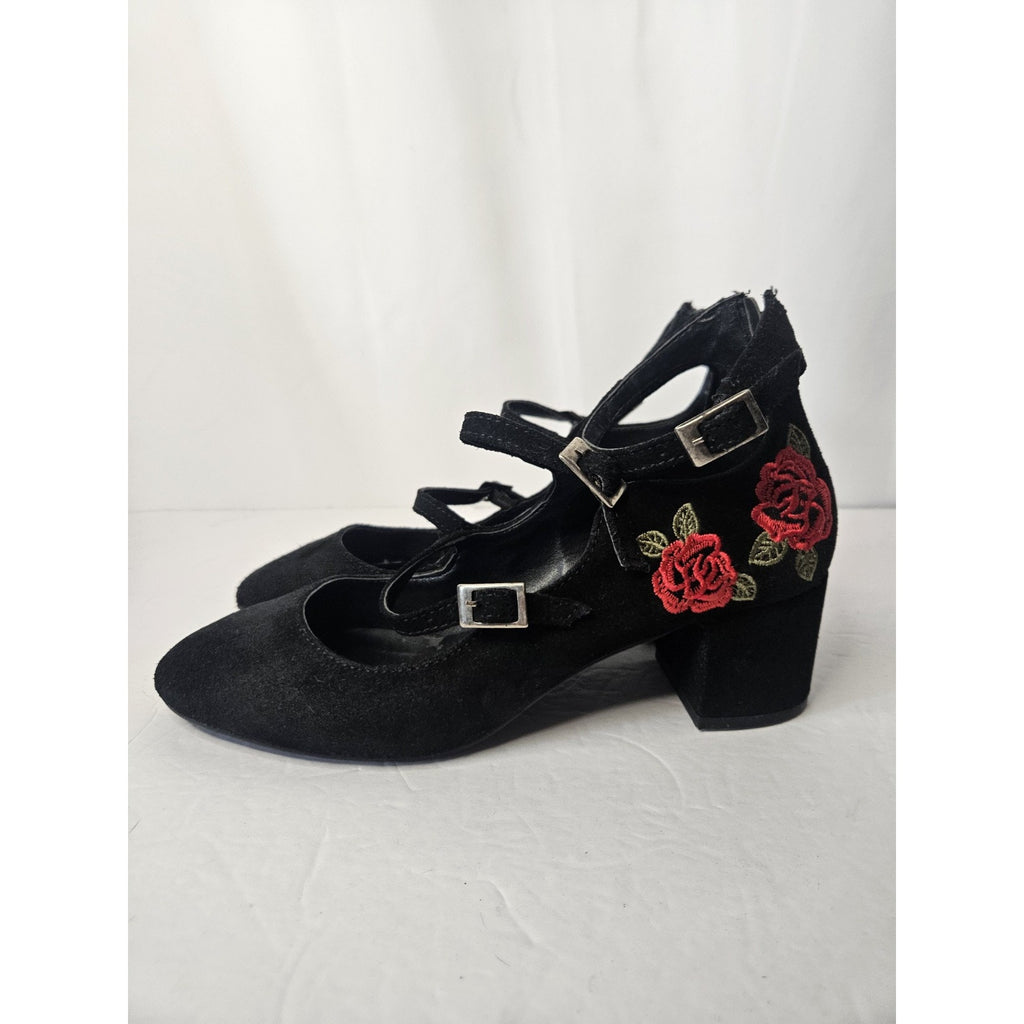 Steve Madden Black Suede Round Toe Pump Triple Adj Strap 2 Heel HEDLEY Size 8.5M