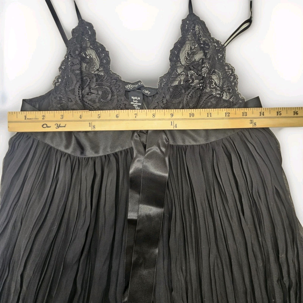Victoria's Secret Very Sexy Black Pleated Sheer Babydoll Satin Bow Lingerie Med