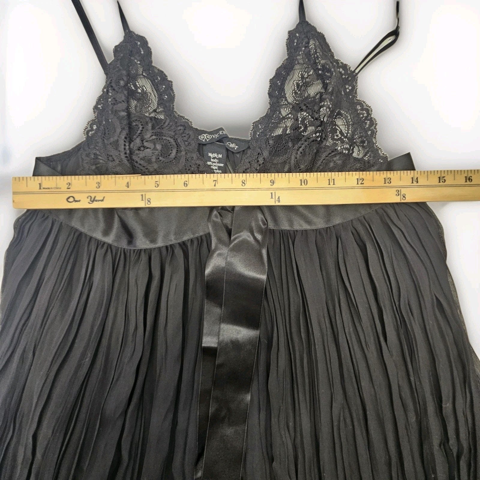 Victoria's Secret Very Sexy Black Pleated Sheer Babydoll Satin Bow Lingerie Med