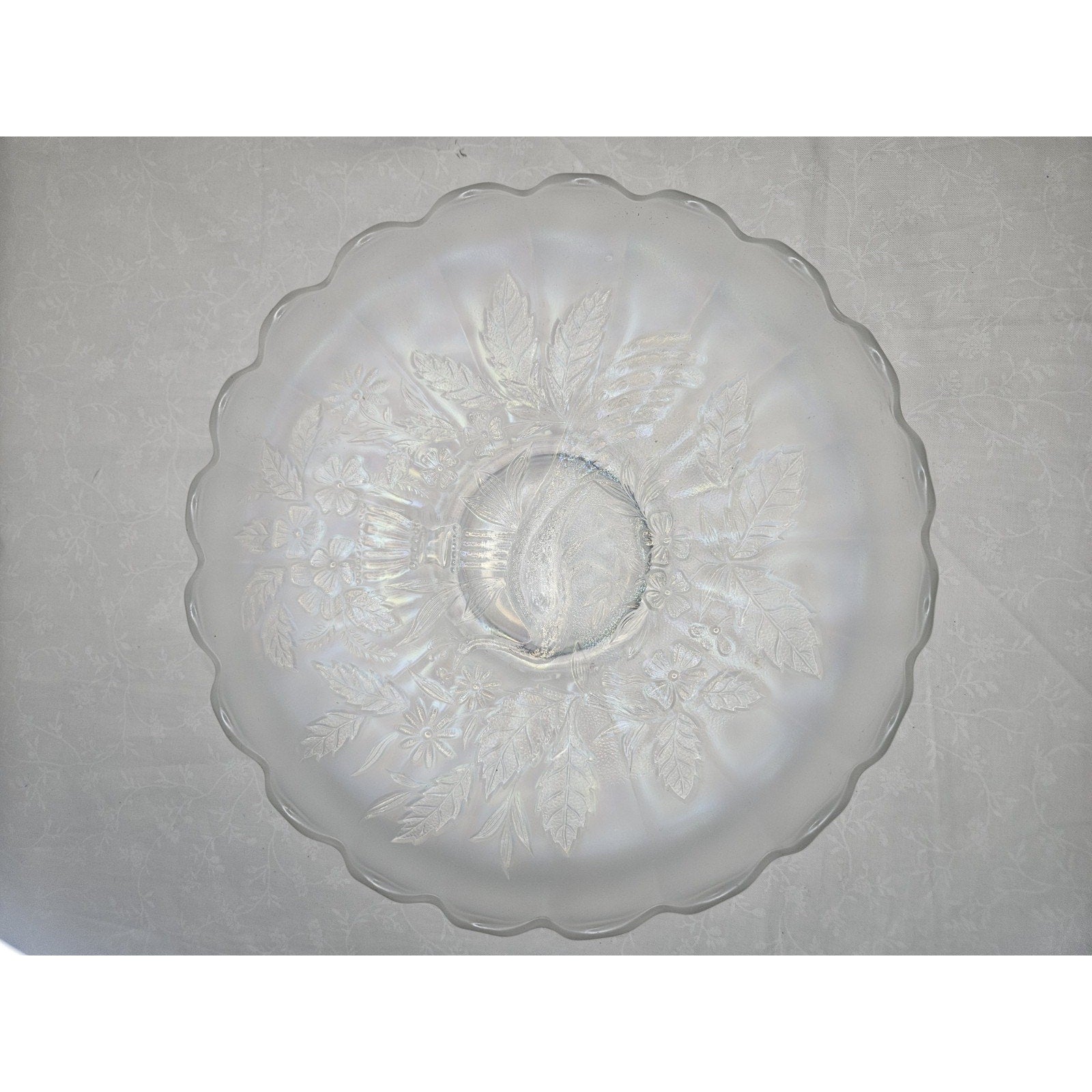 White Northwood Carnival Glass Peacock & Urn Large Bowl Ice Blue Cream Bowl 10in