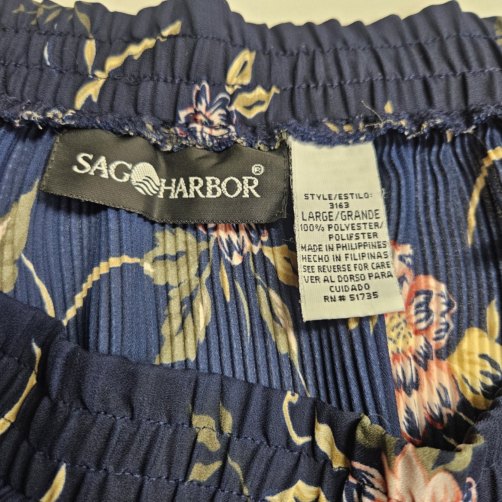 Sag Harbor Woman Navy Floral Crinkle Pleated Skirt Elastic Waist Sheer Sz Large