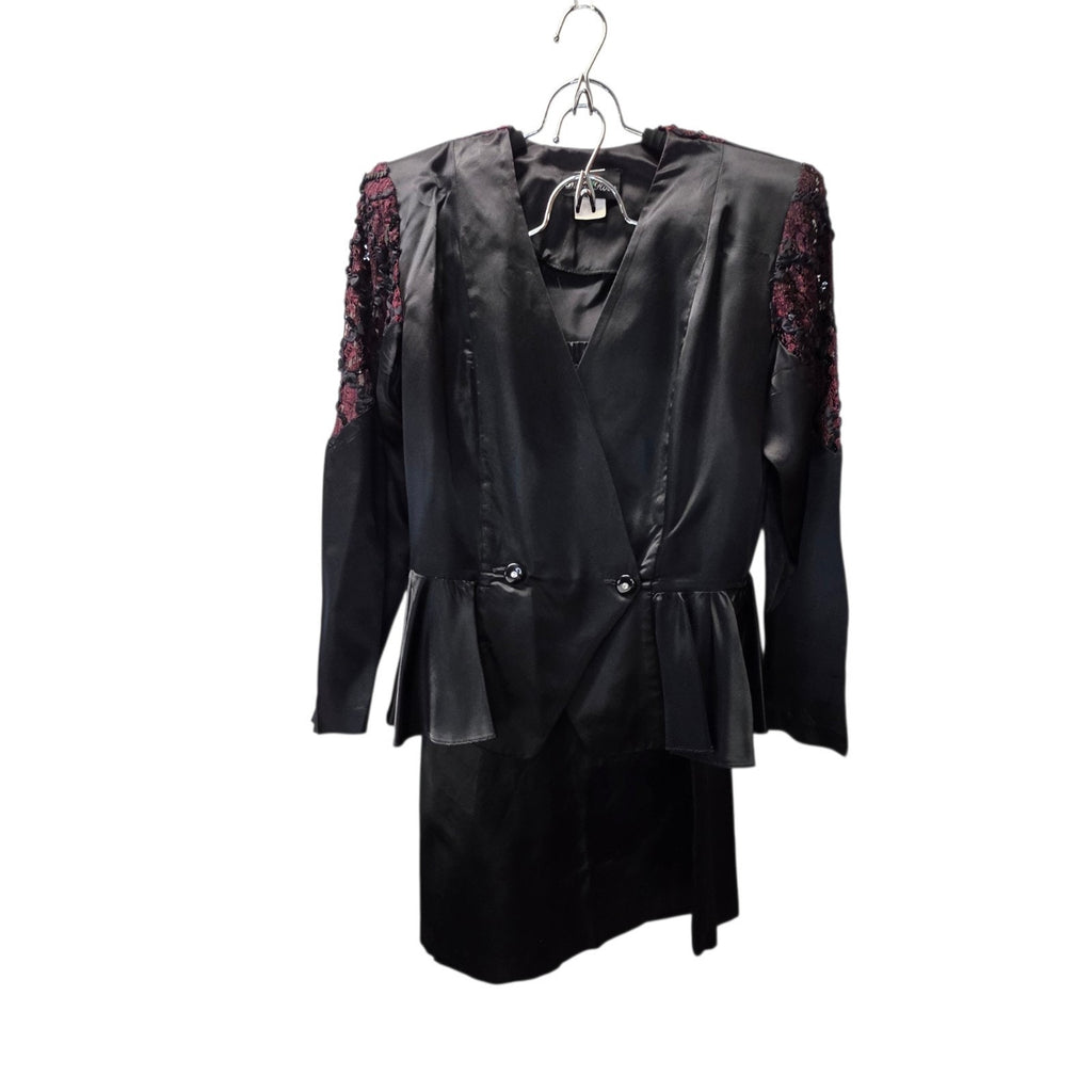 Vintage 1980s Skirt Suit Black Satin Peplum Jacket Blazer Embellished Lace Sz 14