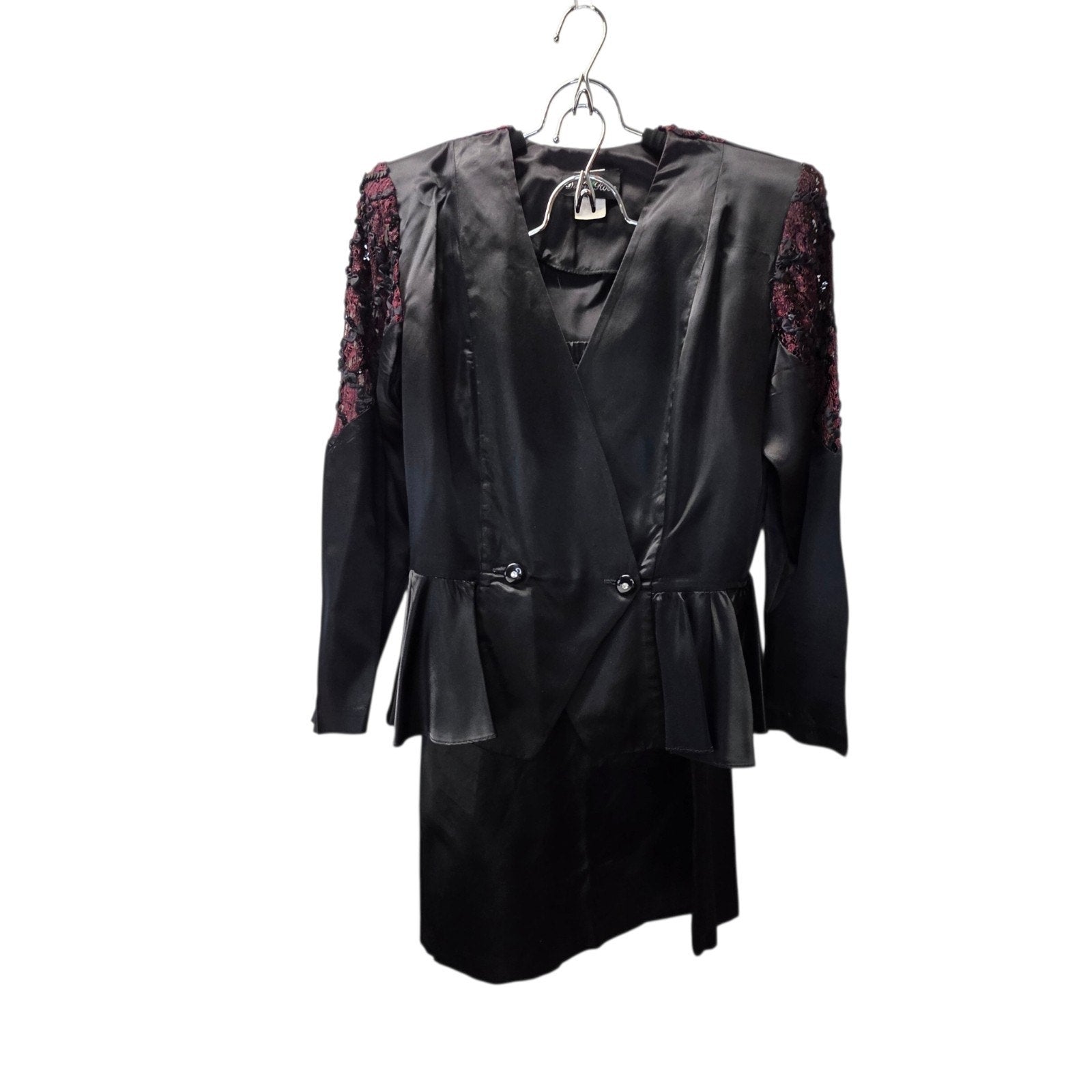 Vintage 1980s Skirt Suit Black Satin Peplum Jacket Blazer Embellished Lace Sz 14