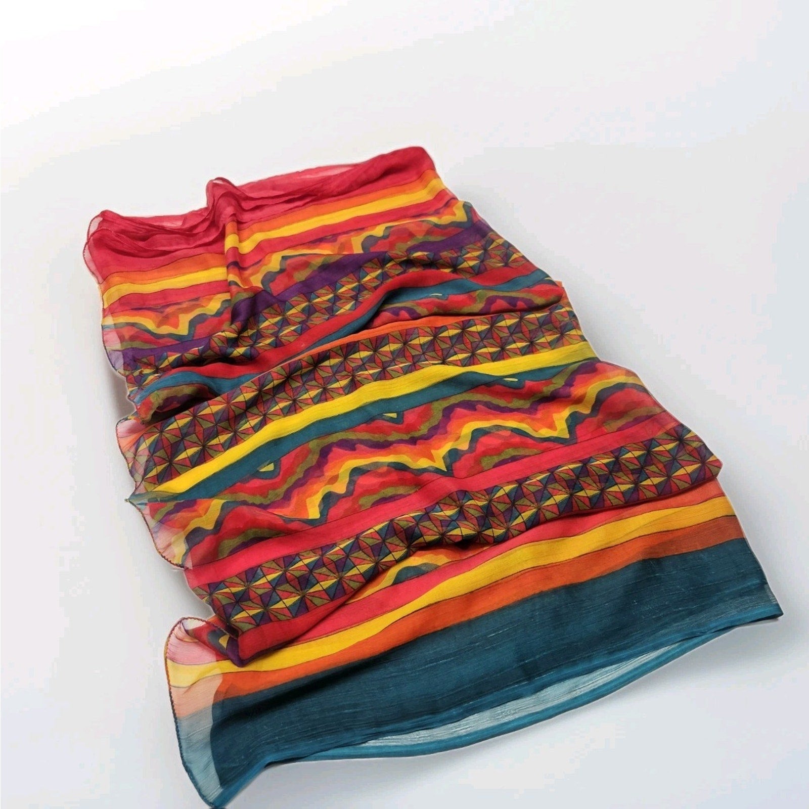 Vintage Poly Silk Chiffon Scarf Bright Multi Color Festival Psychedelic