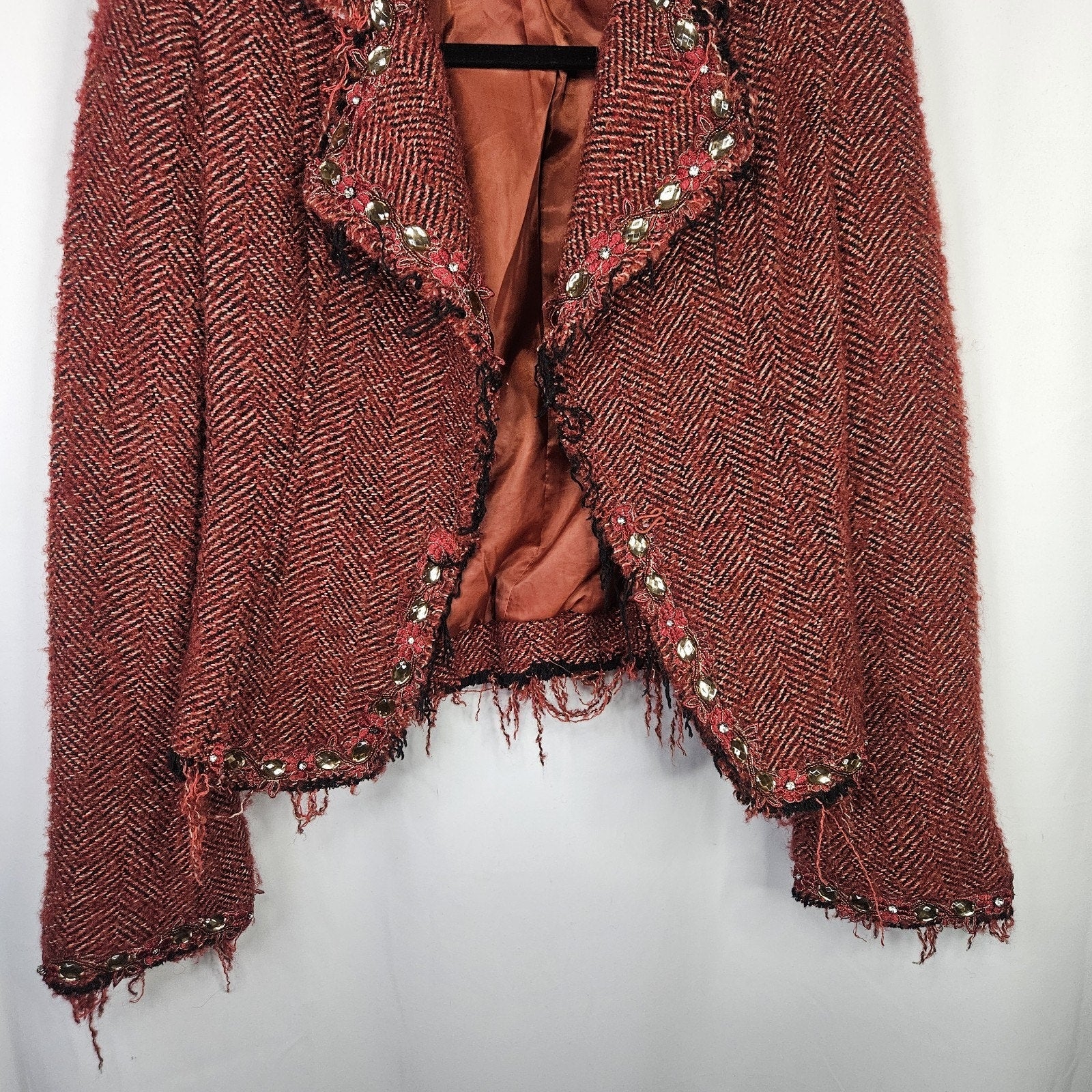 Vtg Y2K Funkyard Fabulous Till End Maroon Embellished Tweed Jacket Medium Wool B