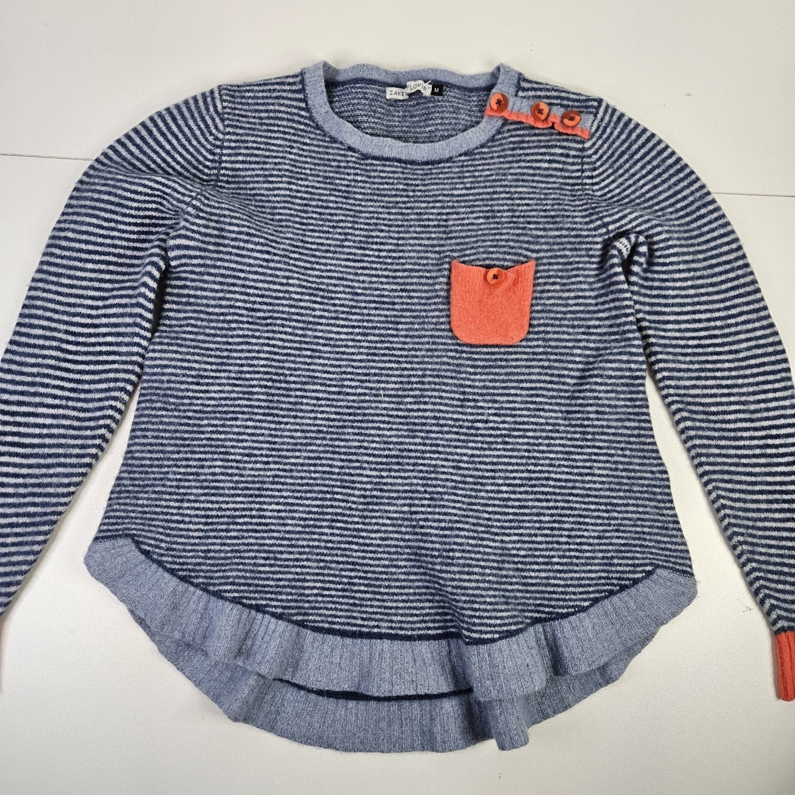 Zaket & Plover Merino Wool Blend Crewneck Blue Striped Sweater Size Medium