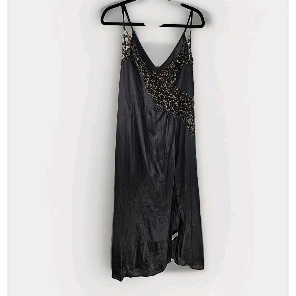 Vintage 80s Glam Lingerie Black Maxi Slip Dress Nightgown Gold Lace Large