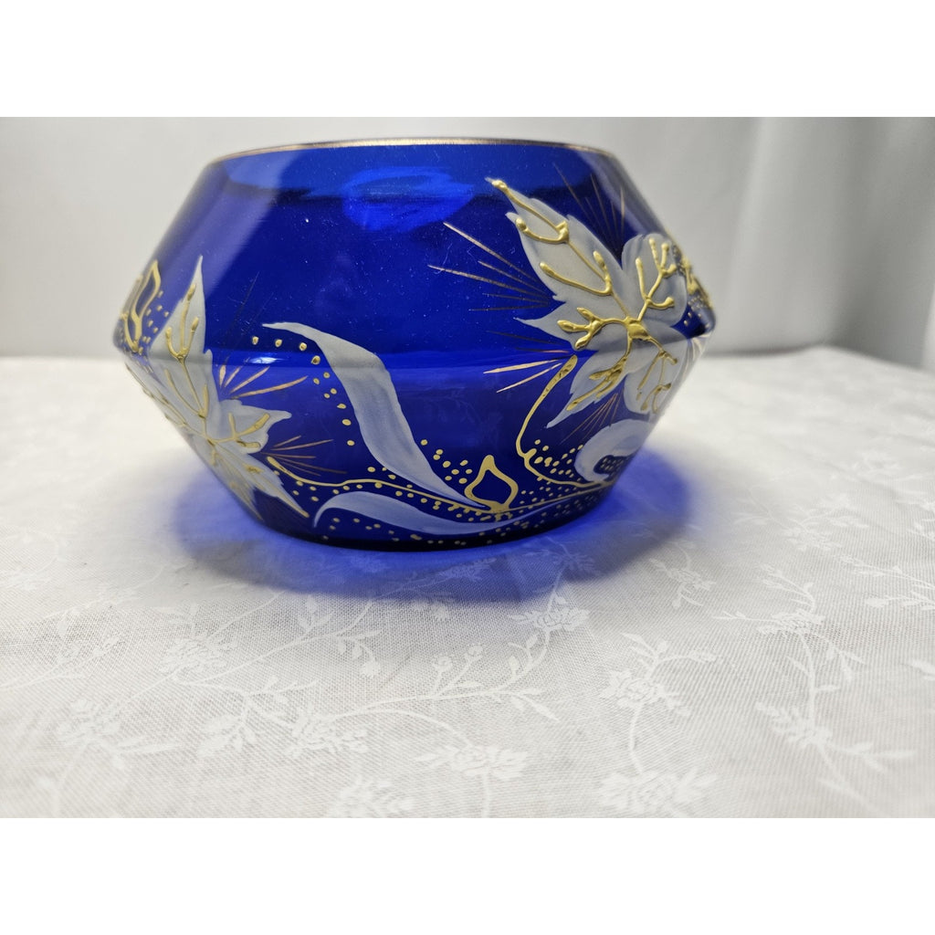 Bohemian Art Glass Short Vase in Cobalt Blue with Enameled Flowers & Gold Detail