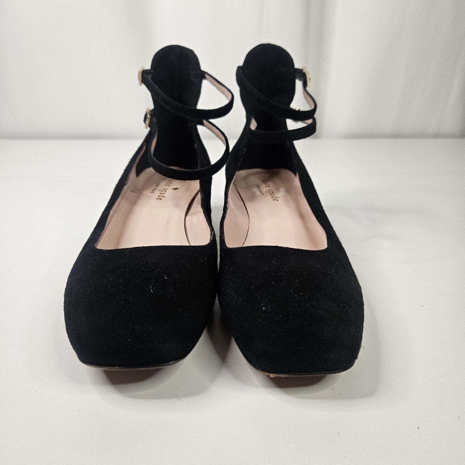 Kate Spade Black Mary Jane Suede Gold Glitter Block Shoe 6M Dbl Strap Square Toe