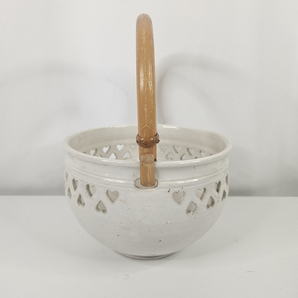 Vtg Heart Pottery Basket Wood Handle Wrapped 5" Ceramic Bowl Trinket Decorative