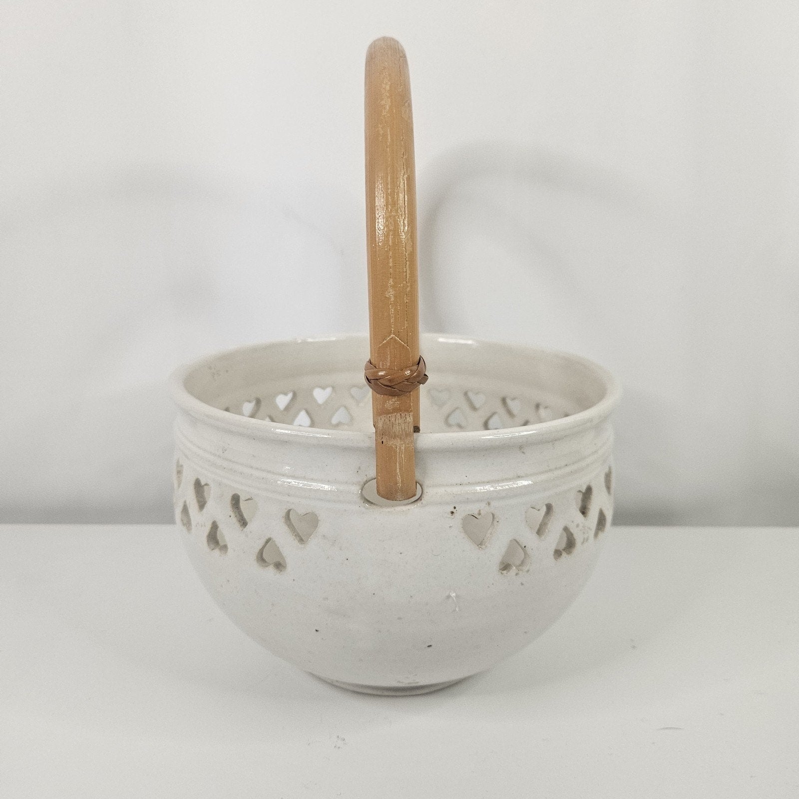 Vtg Heart Pottery Basket Wood Handle Wrapped 5" Ceramic Bowl Trinket Decorative
